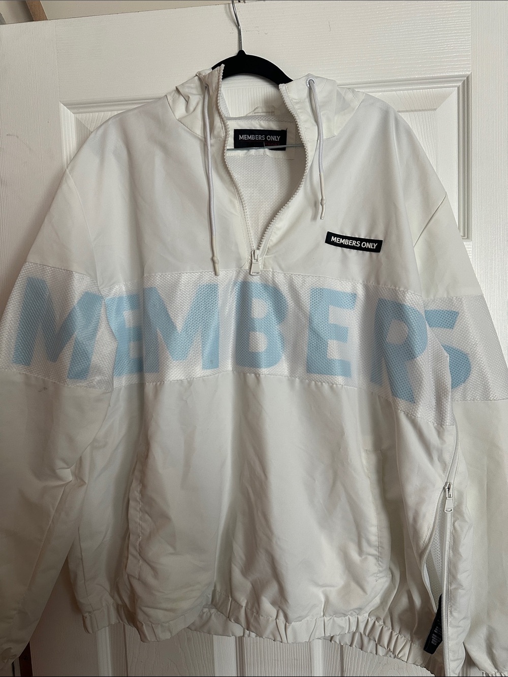 Members Only White Pullover Anorak with Light Blue Mesh Logo